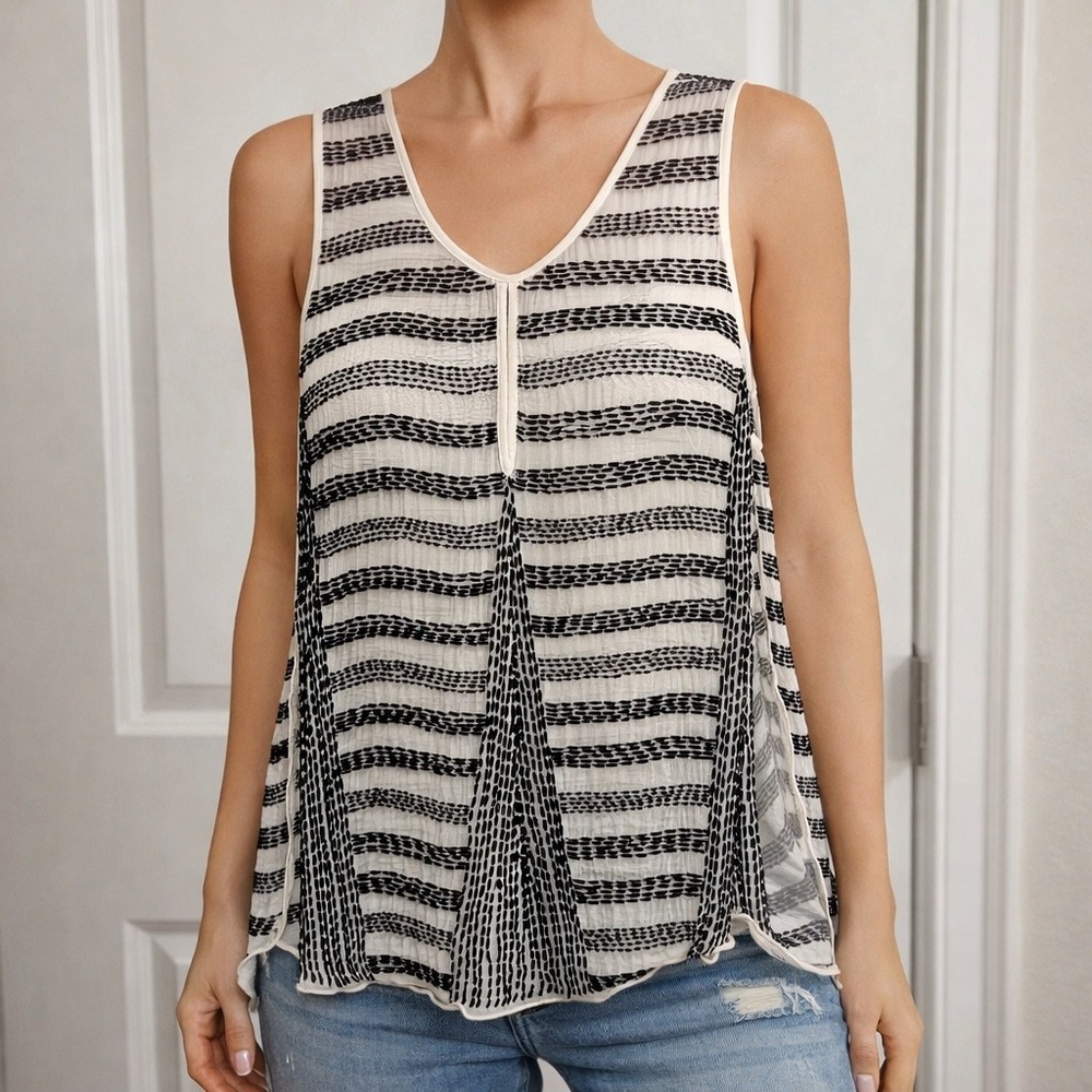 Parker Beaded 100% Silk Tank Top Womens L Ivory Black Art Deco Glam Sleeveless